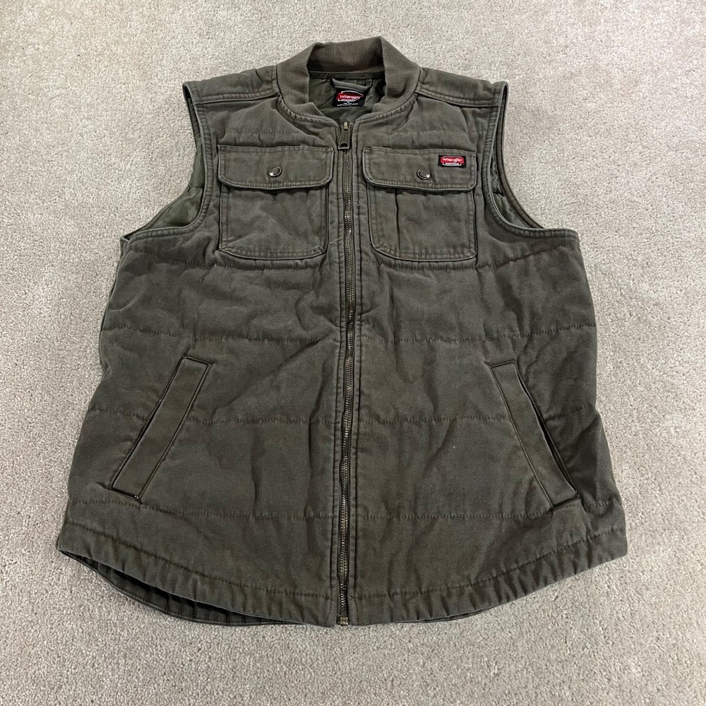 Wrangler Workwear Vest Mens Medium Medium Brown Olive Quilted Canvas Zip Utility